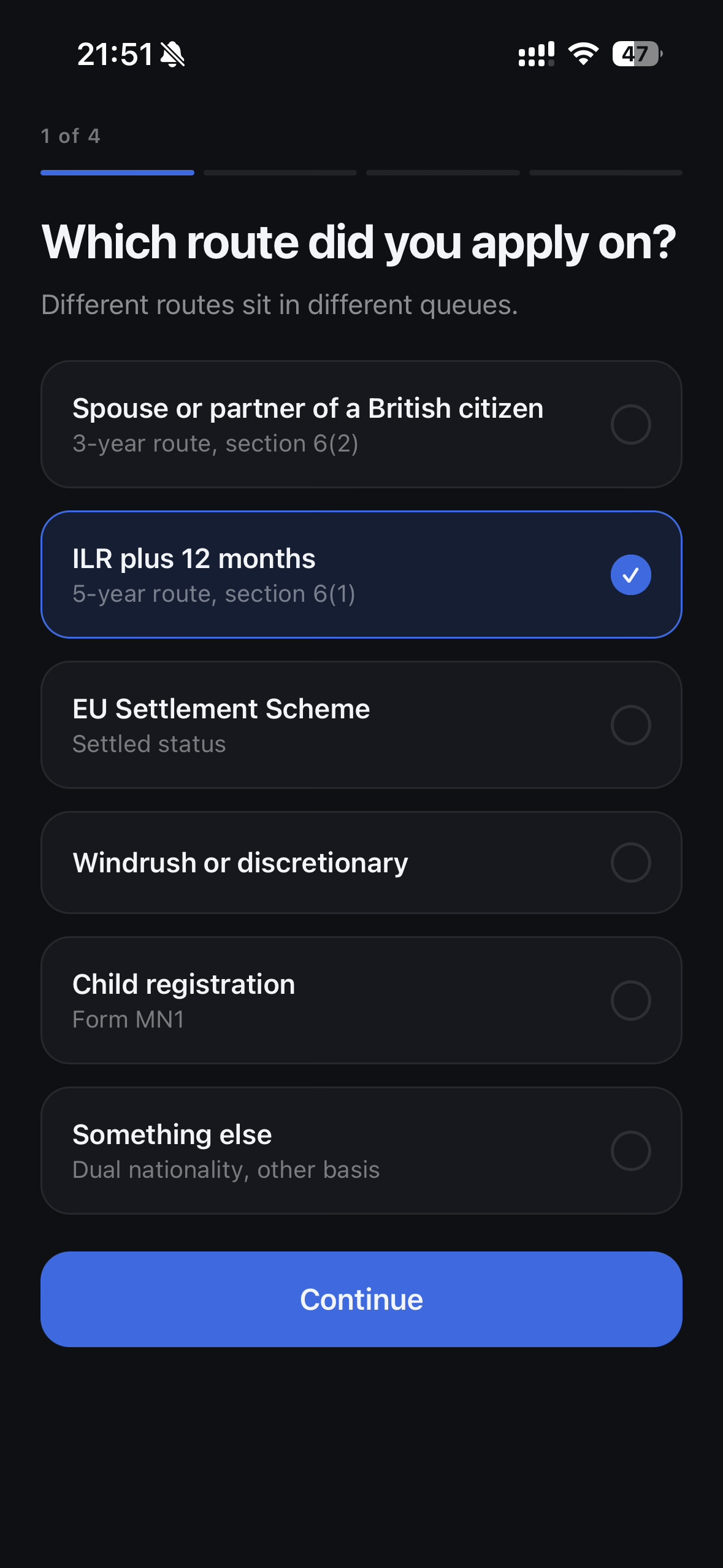 Choose your route screen in UK Naturalisation Tracker for iPhone