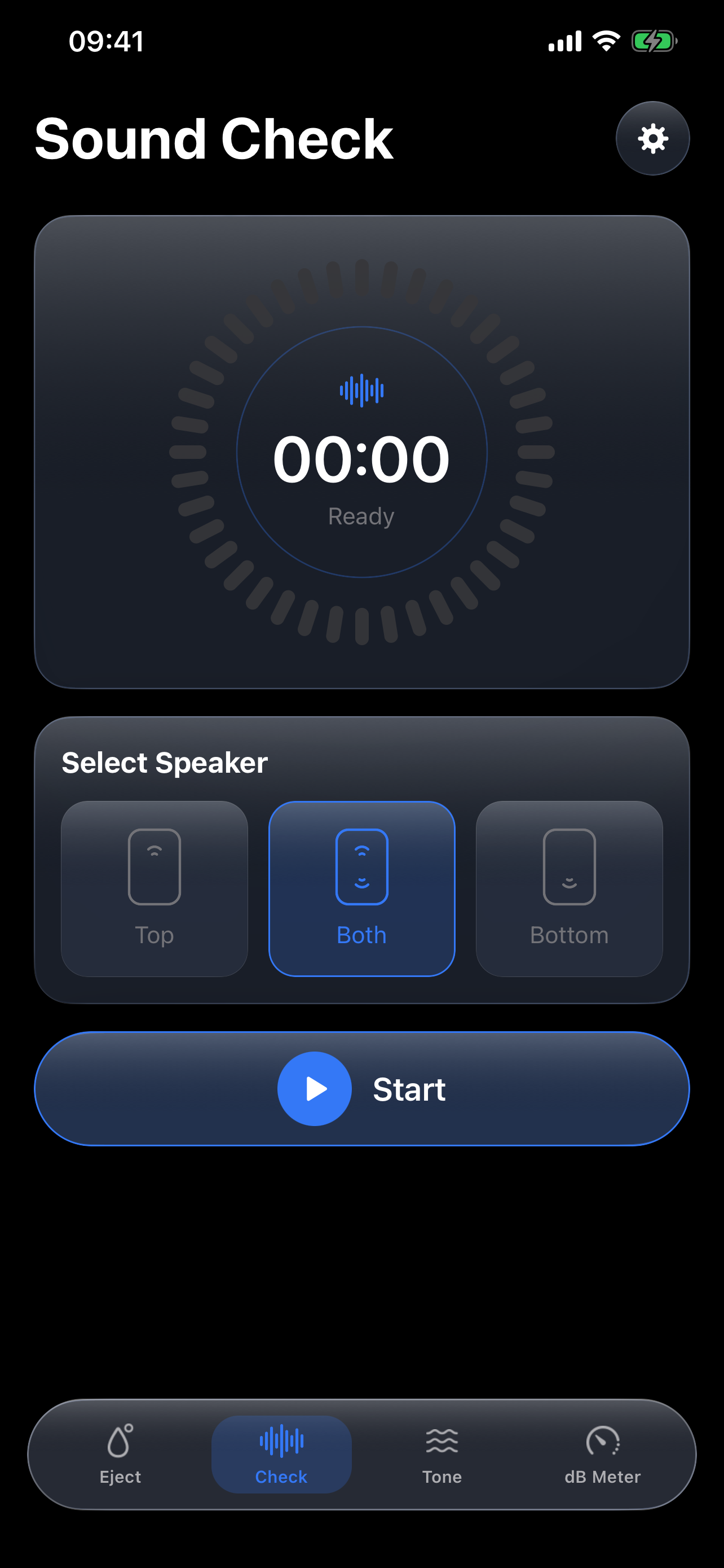 Sound Check screen in Water Eject Ultra for iPhone
